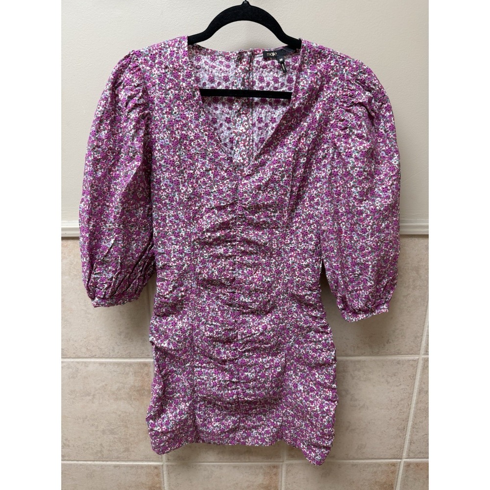 Maje Ryad Floral Puff Sleeve Ruched Mini Dress Fuchsia Pink Cotton Sz 38 US 6 - Picture 2 of 15